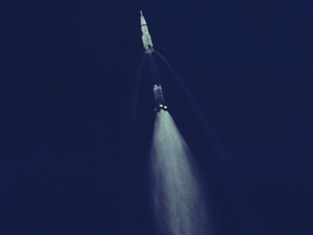 Apollo 11 rocket undergoing staging during flight.
