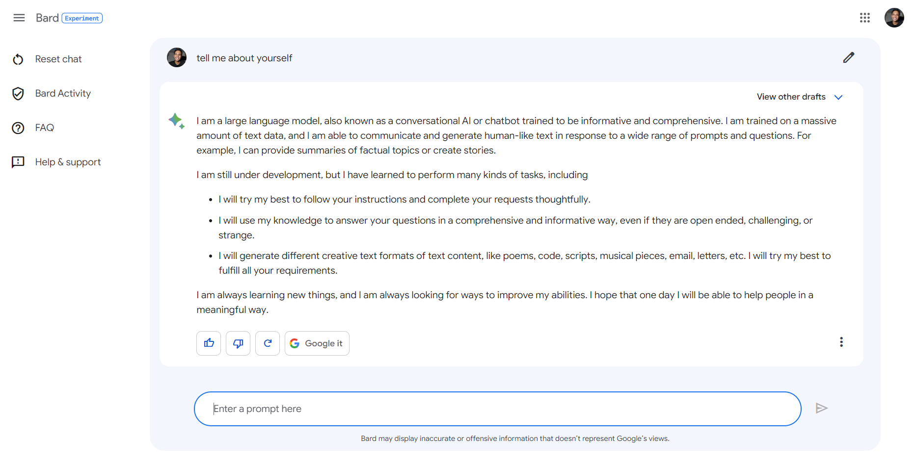 Google's Bard AI chat interface