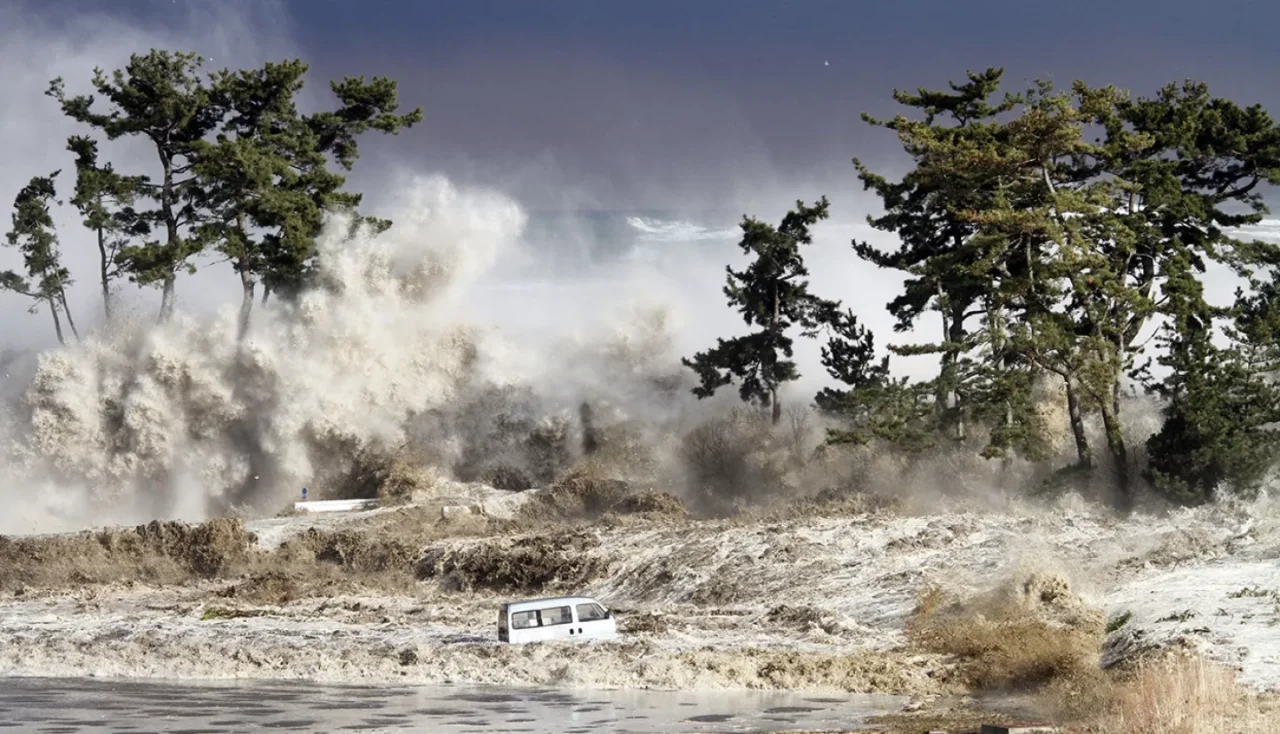 landscape with green trees and a white car drowning in a tsunami