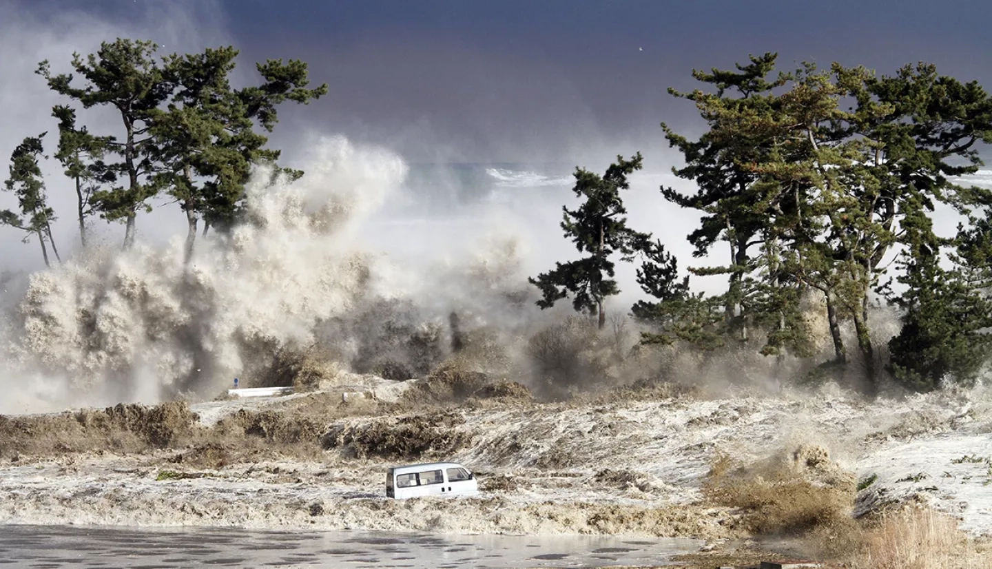 landscape with green trees and a white car drowning in a tsunami