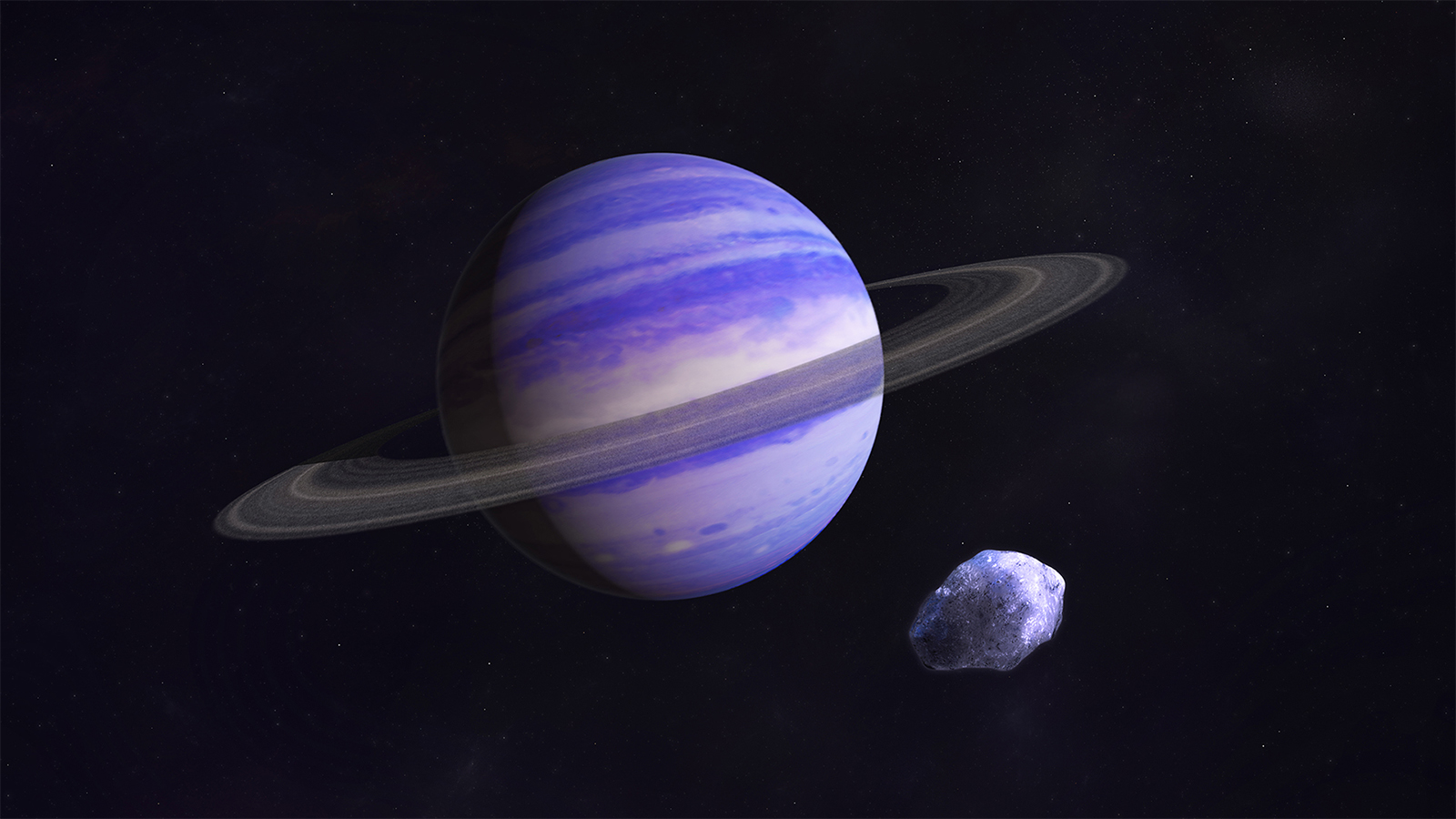 a planet with rings and an asteroid around