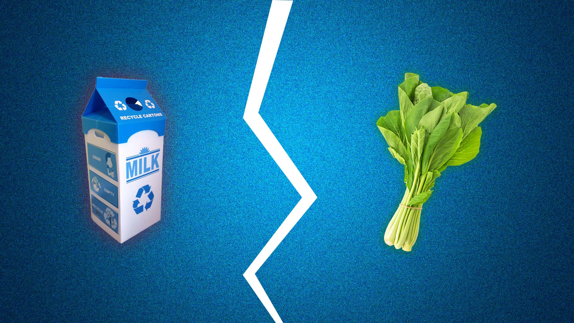 cutout of a packet of milk and a bundle of spinach, at opposite ends with a white colored crack in between, set against a radial blue gradient background
